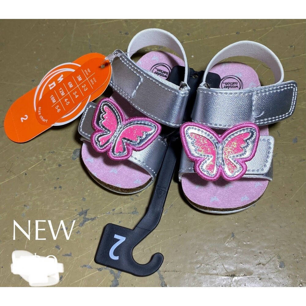 Wonder Nation Infant Girl Baby Silver Pink Butterfly Sandal Shoes Size 2C